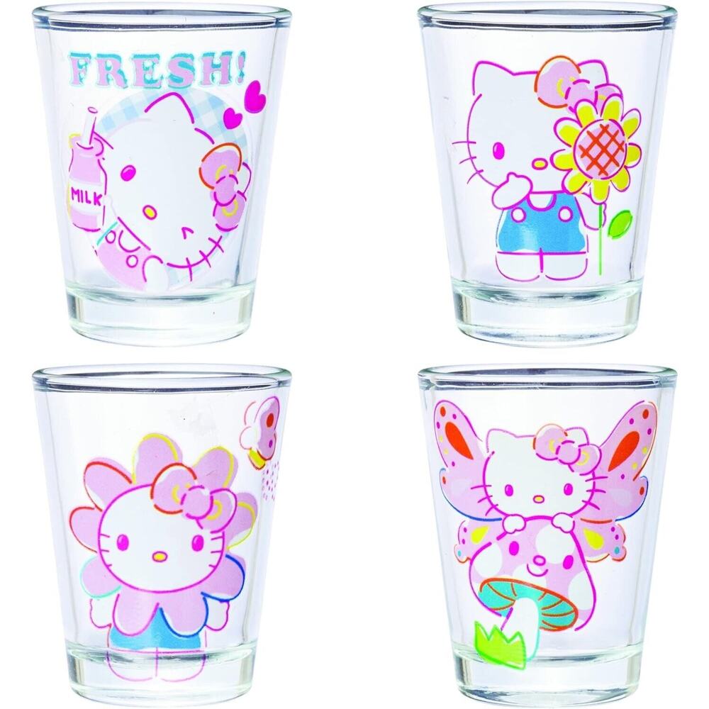 Sanrio Hello Kitty Shotglass Set 4pc Mini Glasses Cute Kawaii Anime Flowers